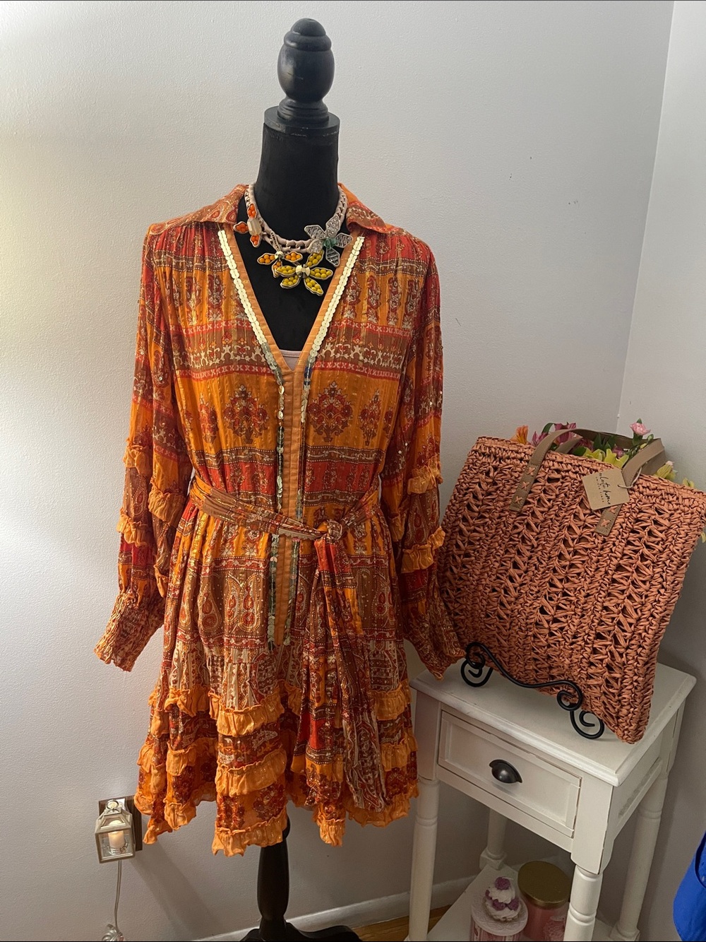 Miss Jane Orange, Brown and Red Boho Ruffle Tiered Mini Dress